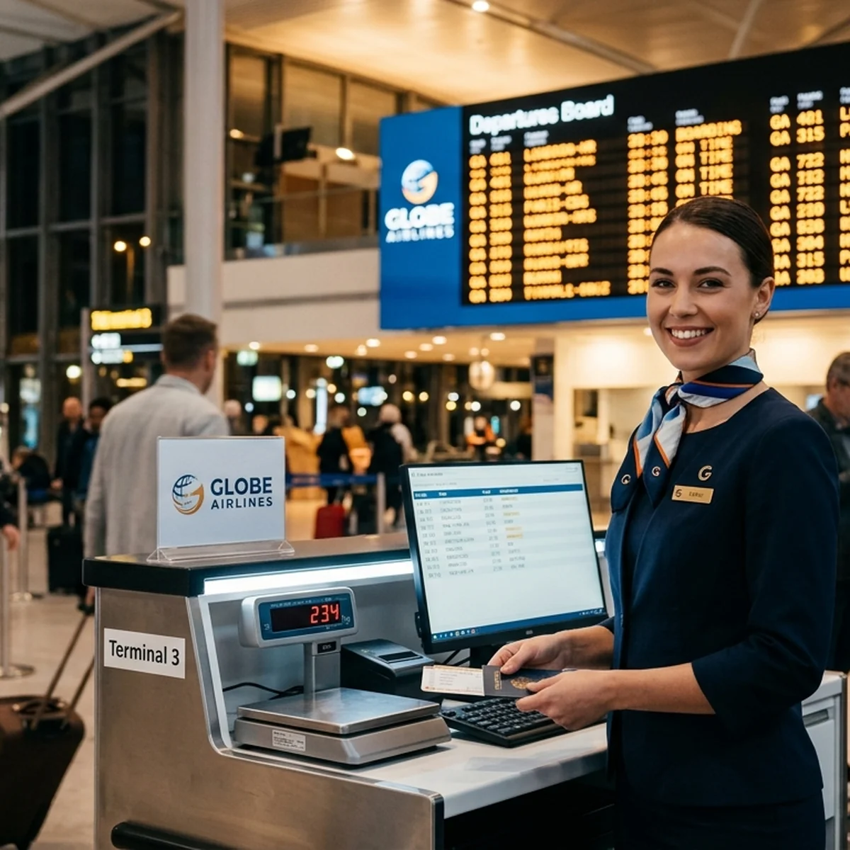 Alumna en mostrador de facturacion de aeropuerto